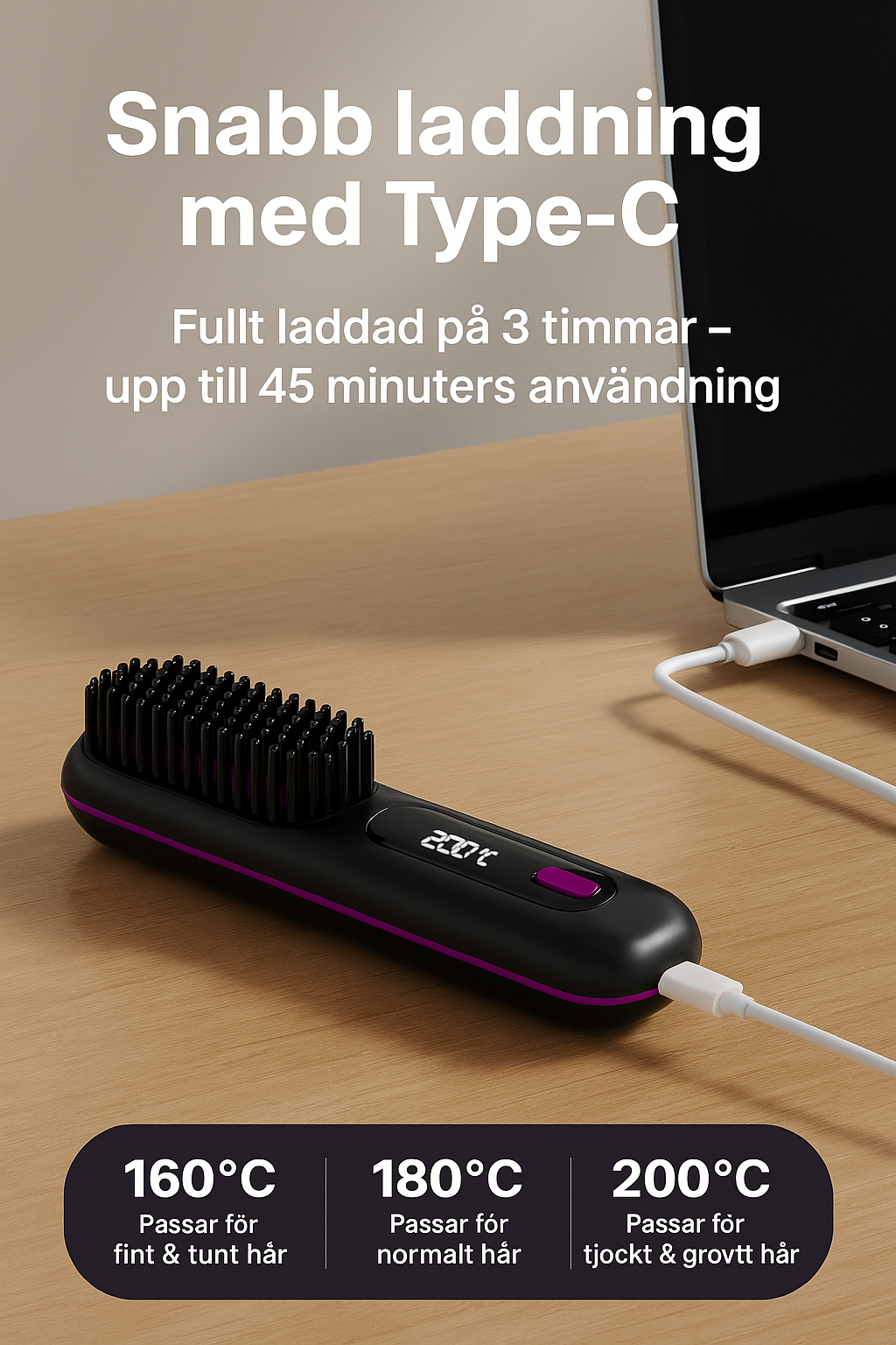 Uppladdningsbar hårplattningsborste