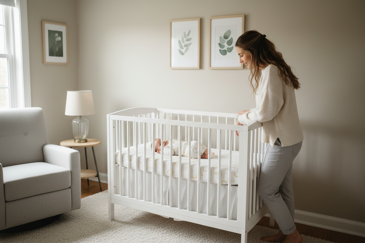 Baby laying in crib and mom looking through 